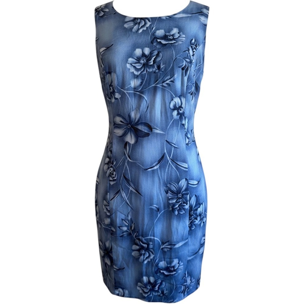 Vintage Expressions Blue Floral‎ Rayon Sleeveless Sheath Dress Keyhole Back